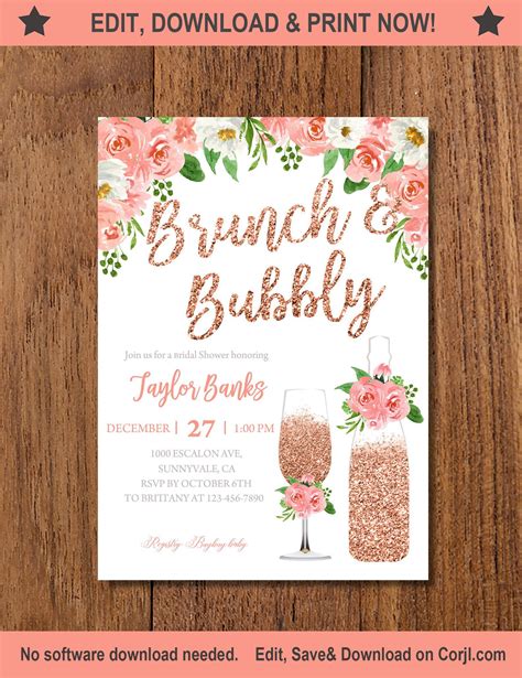 Blush Pink Brunch And Bubbly Bridal Shower Invitation Rose Etsy