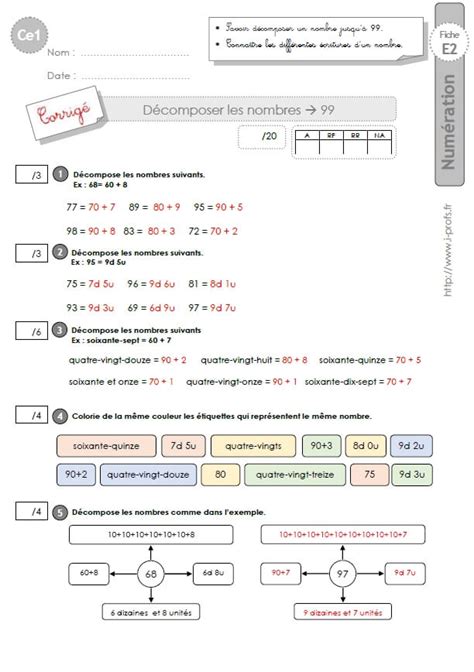 Ce1 Cycle2 Evaluations Corrigees Décomposer Les Nombres Jusquà 99