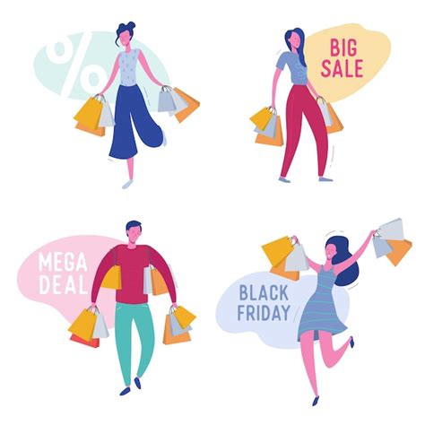 Premium Vector Set Of People With Shopping Bags And Presents Man And