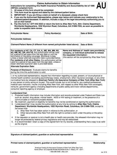2016 Form Aflac Nys 00216 Fill Online Printable Fillable