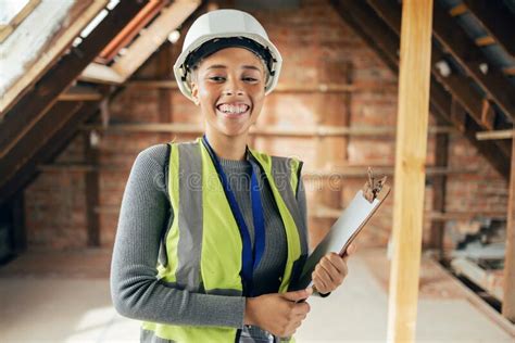 Architect Woman Clipboard And Happy On Construction Site In Industry