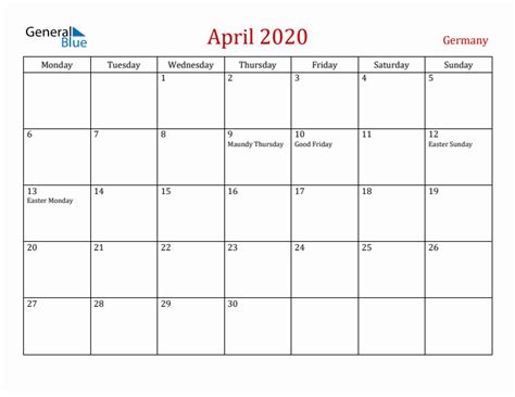 April 2020 Germany Monthly Calendar With Holidays