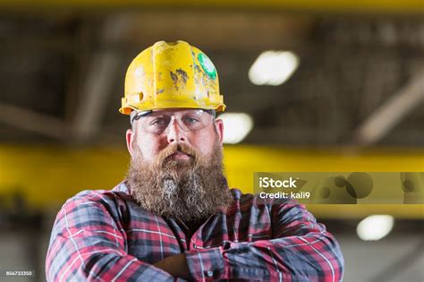 Bearded Construction Worker Wearing Hardhat Stock Photo Download