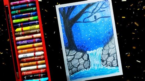 Art With Oil Pastels Moonlight Waterfall Scenery Drawing For Beginners