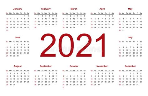 Calendar 2021 Week Starts From Sunday Business Template Stock Vector