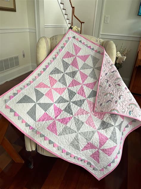 Baby Girl Pinwheel Quilt With Prairie Points And Unicorns Etsy