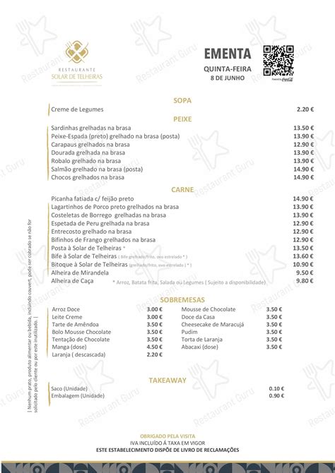 Menu At Solar De Telheiras Restaurant Lisbon