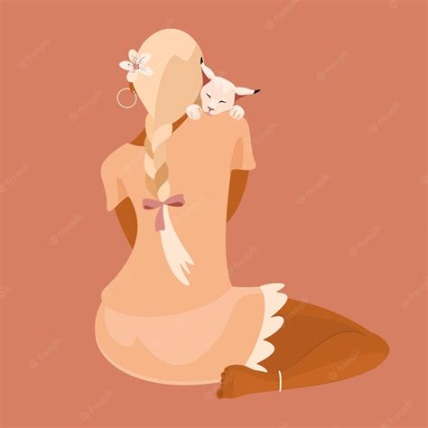Premium Vector Back View Of Young Adult Woman Holding A Cute Cat Girl Spending Time With Their
