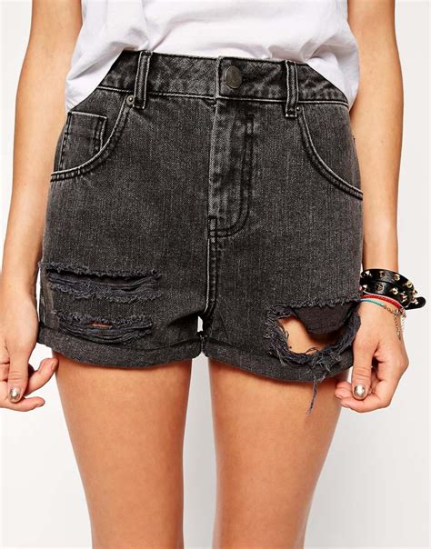 Asos Denim High Waist Mom Shorts In Washed Black With Rips In Gray Lyst