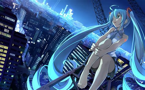Fondos De Pantalla Ciudad Noche Pelo Largo Anime Chicas Anime Pelo Azul Ojos Azules
