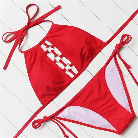 Sexy High Neck Swimsuits Bikini Swimwear Women Bather Suit Solid Padded Halter Bandage Bikini