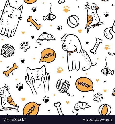 Pets Cats And Dogs Seamless Pattern In Doodle Vector Image