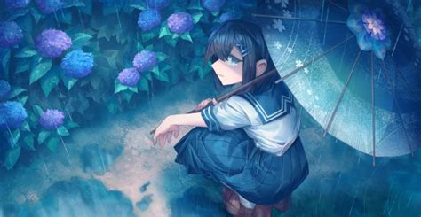 Wallpaper Anime School Girl Sitting Sadness Umbrella Raining