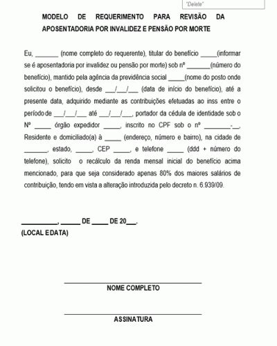 Modelo de Requerimento para Revisão da Aposentadoria por Invalidez e