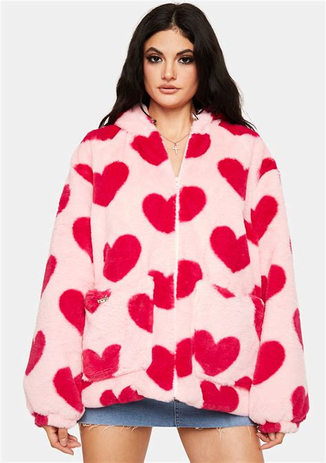 Heart Print Fuzzy Hoodie Jacket Pink Dolls Kill
