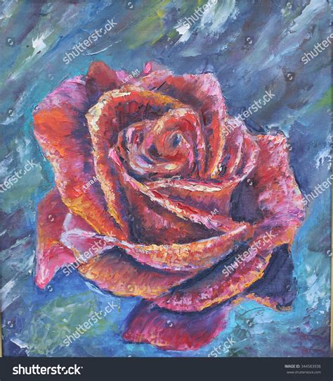 Original Oil Painting Big Red Rose Stock Illustration 344583938