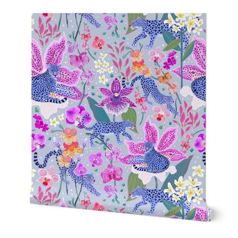 Maximalist Jungle Wallpaper Blue Leopards In An Orchid Etsy