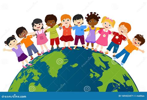 Earth Globe With Group Of Multiethnic And Diverse Children Standing