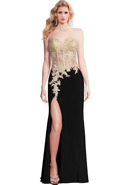 Sheath High Slit Black Chiffon Gold Lace Applique See Through Prom Dress