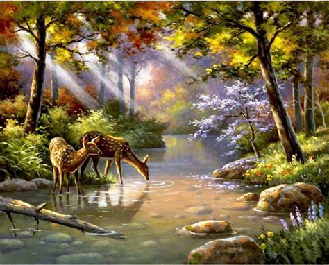 Beautiful Painting Deer Drinking Water From Stream In The Forest