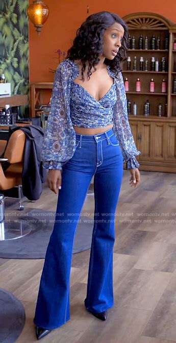 Wornontv Karens Blue Printed Wrap Top And Flare Jeans On Tyler Perrys
