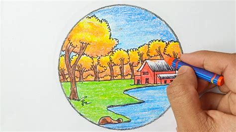 Easy Village Scenery Drawing For Beginners Step By Step Wax Crayons