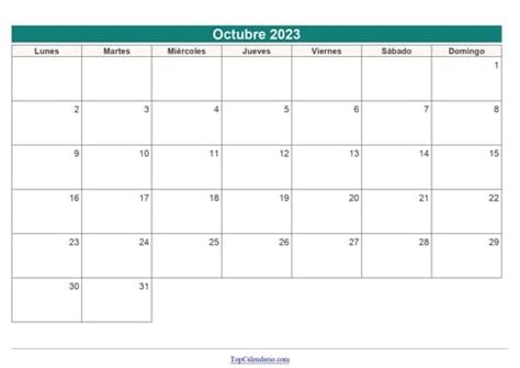 Calendario Octubre 2023 Para Imprimir Mensual