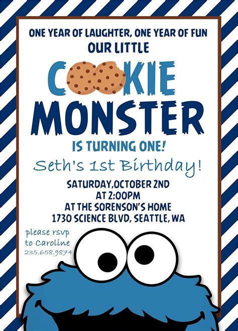 Cookie Monster Birthday Party Invitations With Envelopes