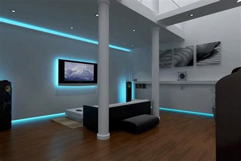A Living Room With White Walls And Wooden Flooring Is Lit Up By Blue Lights