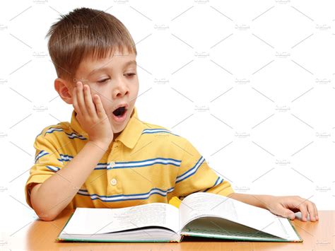 Boy Reading Book And Yawning People Images ~ Creative Market