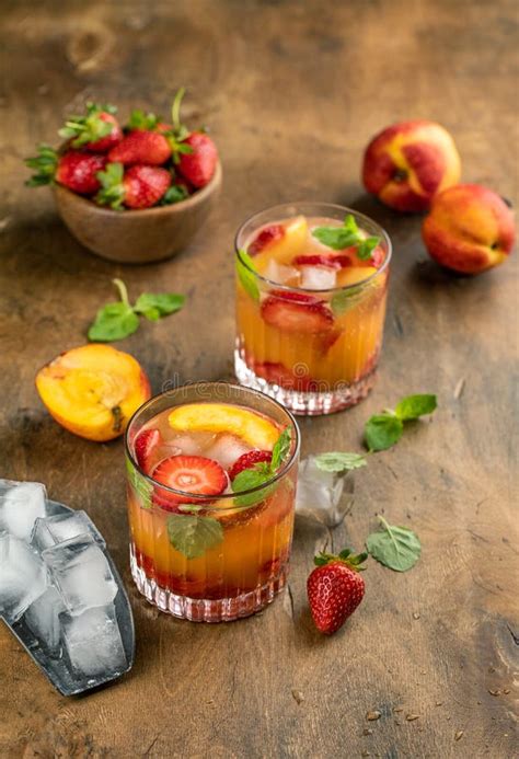 Peach Strawberry Lemonade Summer Cold Drink Fruits Berries Stock Photo
