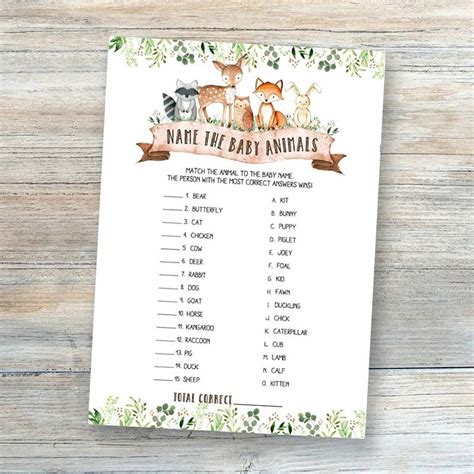 Woodland Baby Shower Games Name The Baby Animals Game Etsy