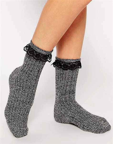 Asos Asos Mix Knit Ankle Socks With Lace Trim At Asos