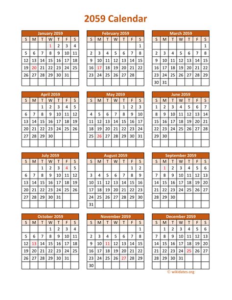 Full Year 2059 Calendar On One Page