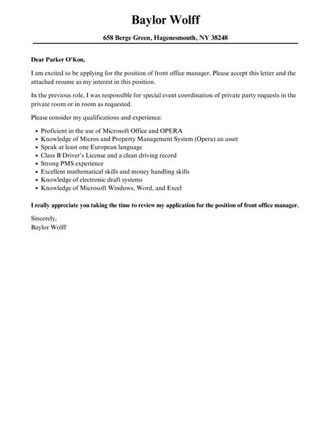 Front Office Manager Cover Letter | Velvet Jobs
