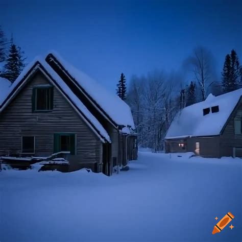 Houses Covered In Snow On A Winter Night
