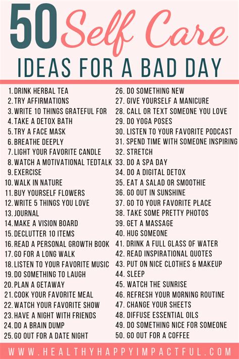 50 Self Care Ideas For A Bad Day Free Printable Take Care Of Your