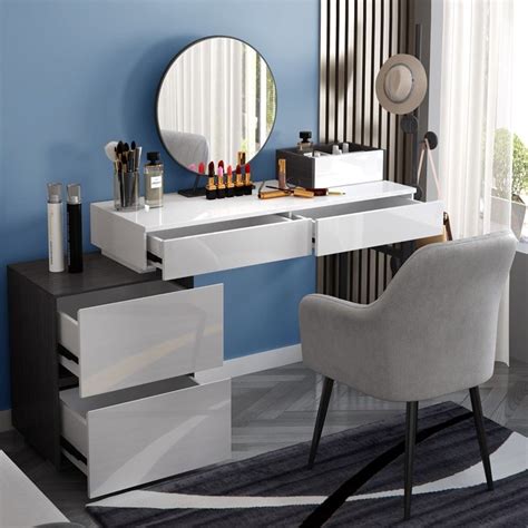 Modern Makeup Vanity With Top Mirror And Side Cabinet Dressing Table With