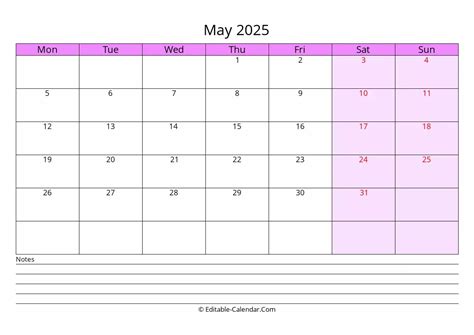 Download Free Editable Calendar May 2025 With Notes Monday Start