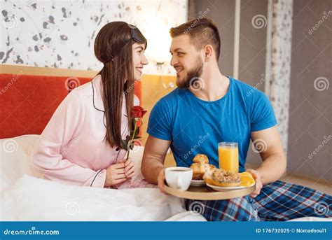 romantic love couple breakfast and flowers in bed stock image image of couple love 176732025