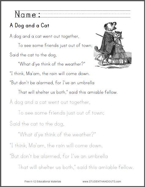 A Dog And A Cat Nursery Rhyme Worksheets Student Handouts