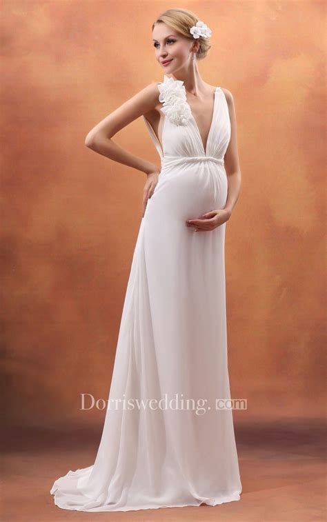 Backless Deep V Neck Empire Maternity Dress With Flower Wedding Dress