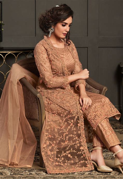Buy Embroidered Net Jacket Style Pakistani Suit In Peach Online