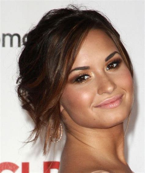 Demi Lovato Long Curly Dark Mocha Brunette Updo With Side Swept Bangs