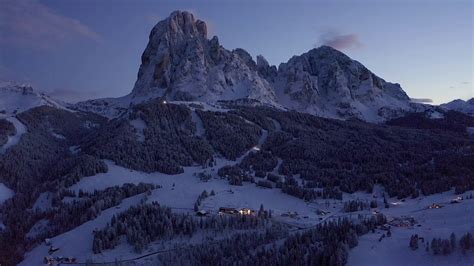 Flying Over Beautiful Winter Ski Resort Town Of Val Gardena In Italy
