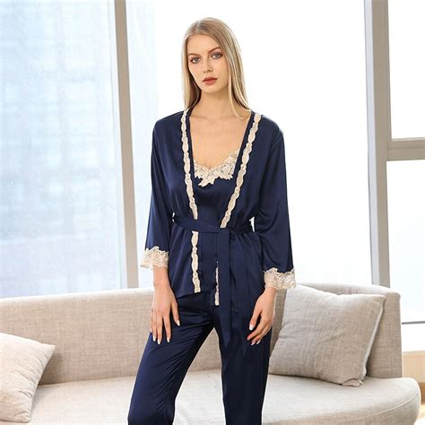 New Women Luxury Pajama Sets Fashion 3 Pcs Pajama Long Pants Set Female Pijamas Silk Home Suit