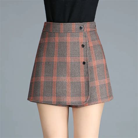 2017 autumnandwinter women plaid wool divided skirt korean fashion sexy slim high culotte high