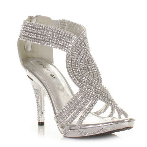 Silver Womens Ladies Diamante Wedding High Heel Prom Shoes Sandals Size 3 8 Prom Shoes Silver