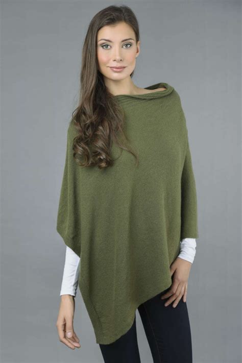 Pure Cashmere Knitted Asymmetric Poncho Wrap In Loden Green Italy In
