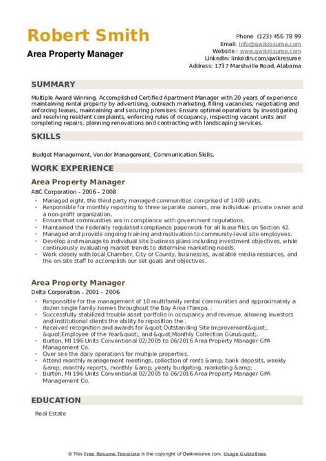 No pressure or anything, but that leaves you with about 6 seconds to make an impression. Area Property Manager Resume Samples | QwikResume